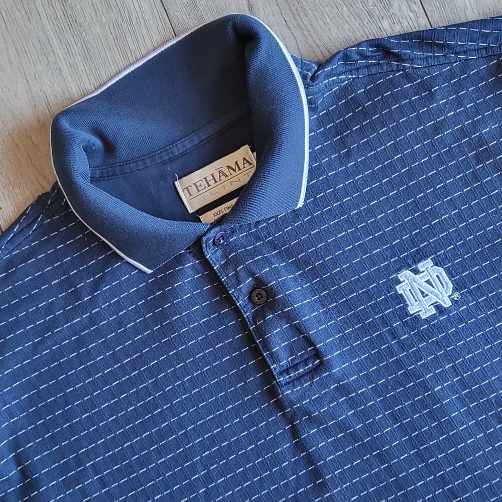 Tehama Men's L Notre Dame 100% Pima Cotton Navy Blue White Short Sleeve Polo VTG